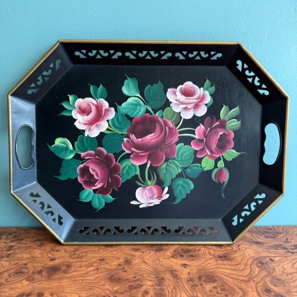 Vtg Tole Tray Floral Hand Painted Pilgram for Wanamakers Reticulated 18 x 13" Si - Picture 1 of 10